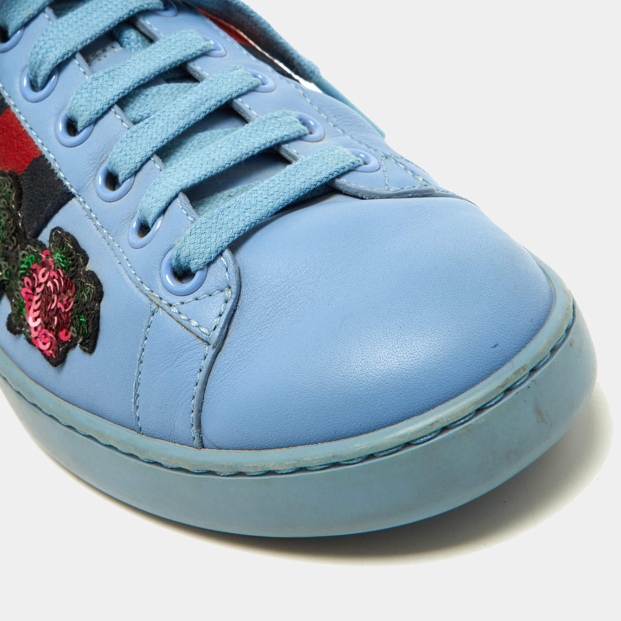Gucci Blue Leather Flower Sequins Embellished Ace Low Top Sneakers Size 36 For Sale 2