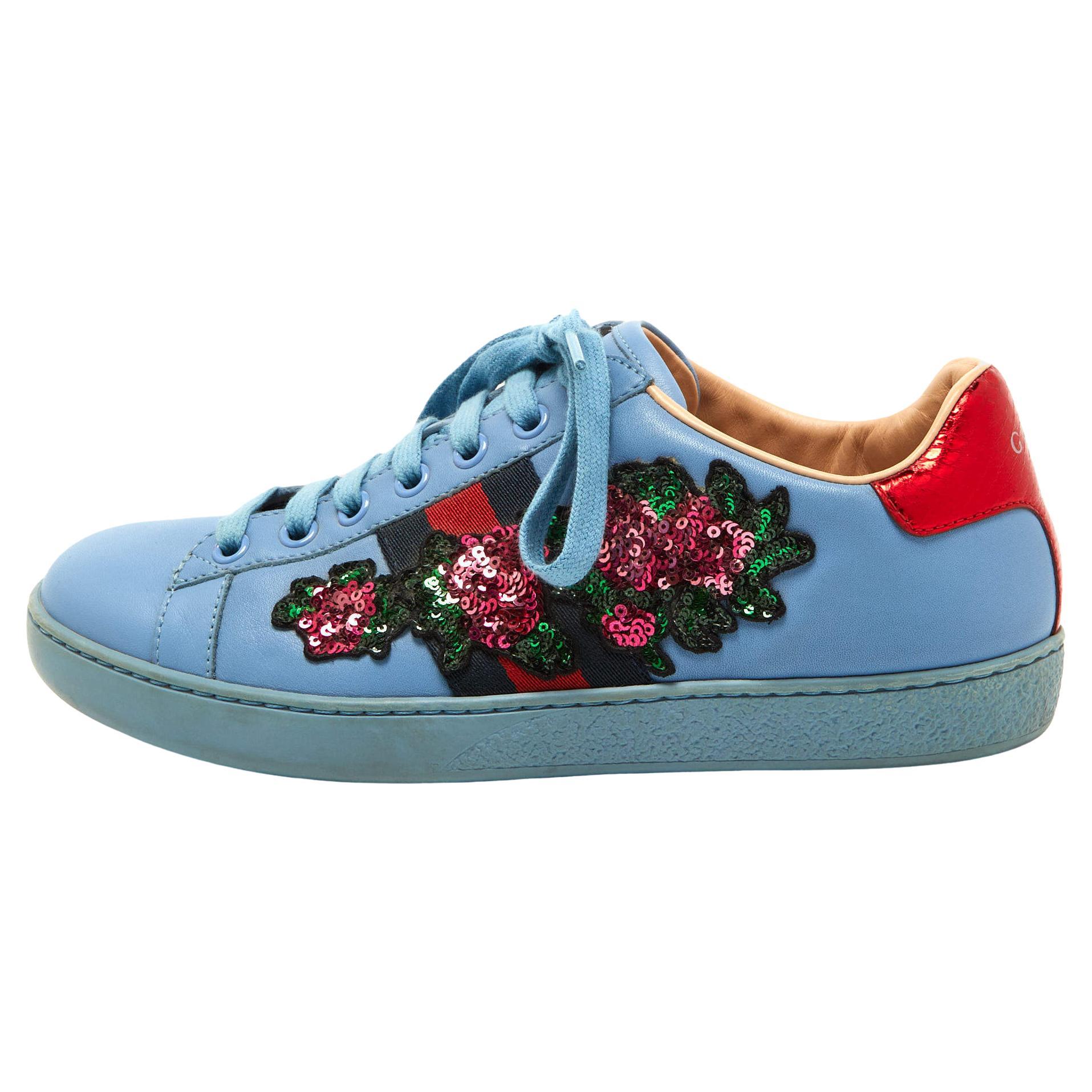 Gucci Blue Leather Flower Sequins Embellished Ace Low Top Sneakers Size 36 For Sale