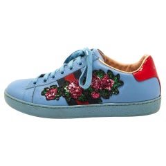 Gucci Blue Leather Flower Sequins Embellished Ace Low Top Sneakers Size 36