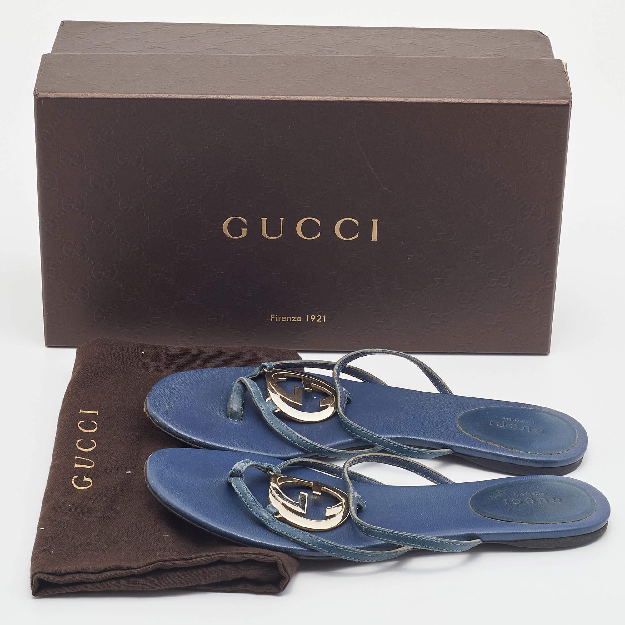 Gucci Blue Leather GG Cage Flat Thong Sandals Size 37 For Sale 5