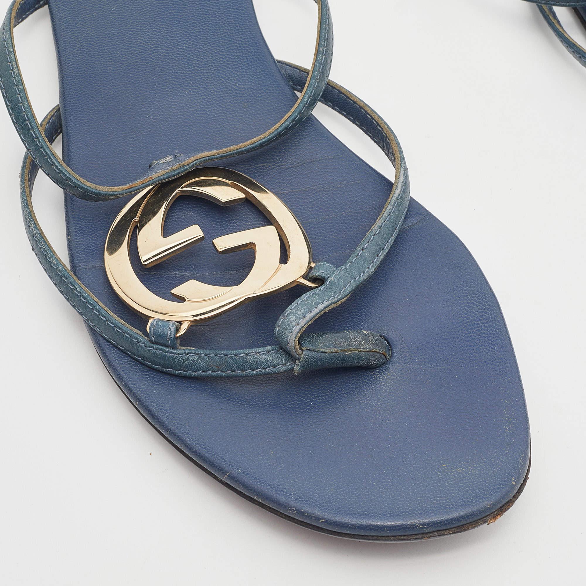 Gucci Blue Leather GG Cage Flat Thong Sandals Size 37 For Sale 2