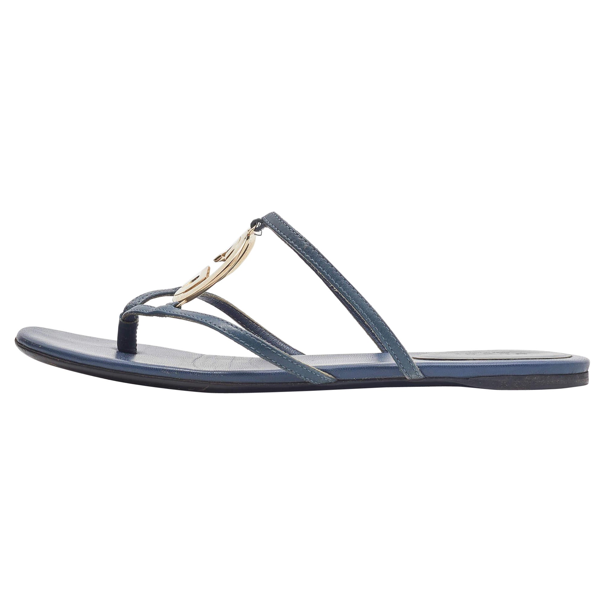 Gucci Blue Leather GG Cage Flat Thong Sandals Size 37