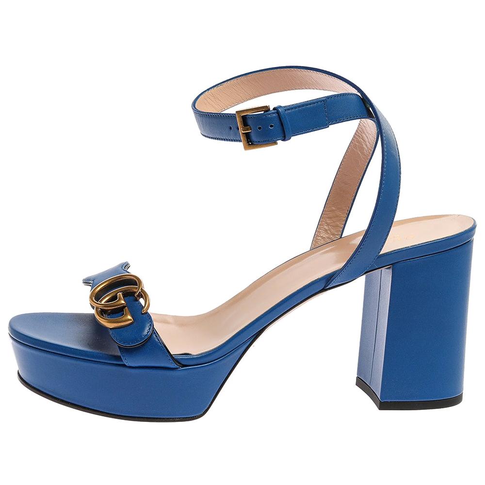 Gucci Blue Leather GG Marmont Ankle Strap Sandals Size 41