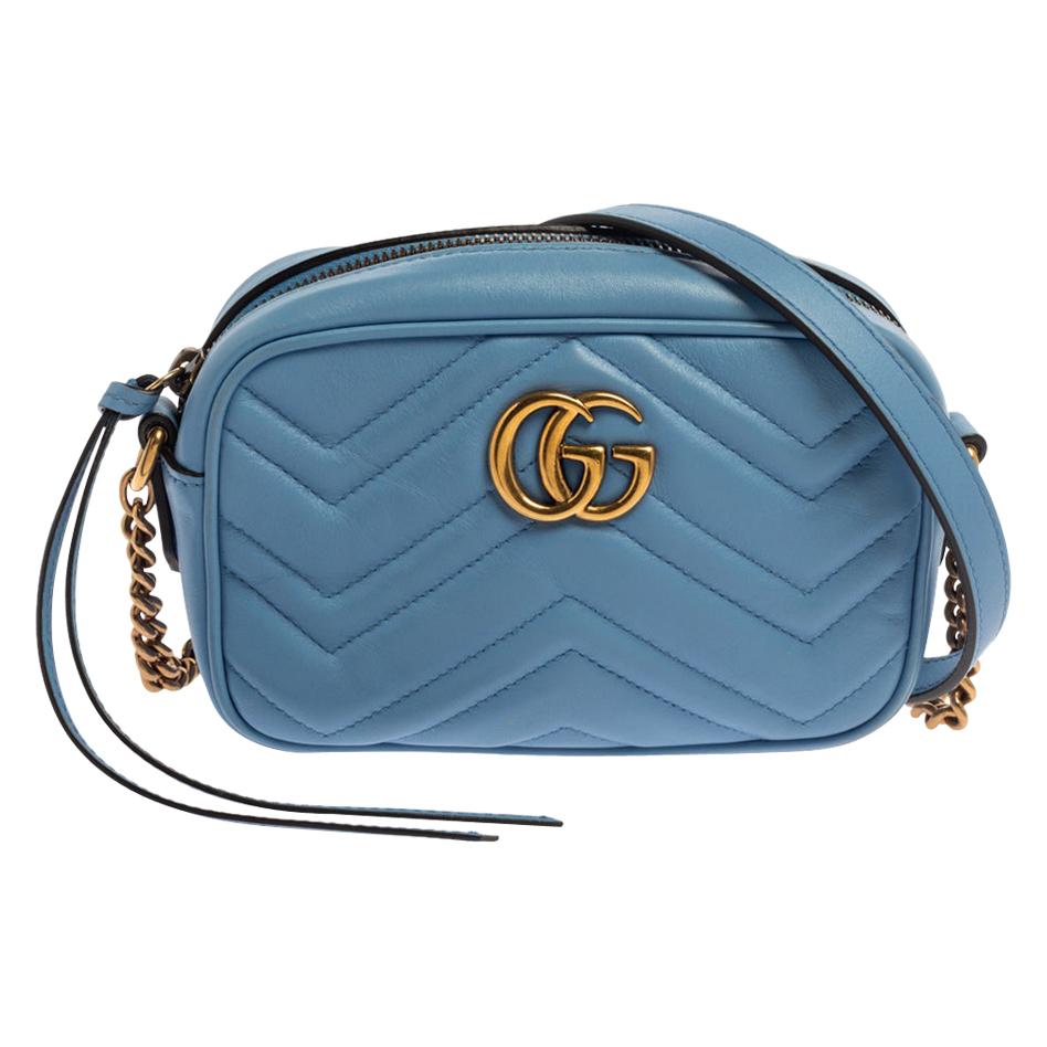 Gucci Blue Leather GG Marmont Camera Crossbody Bag