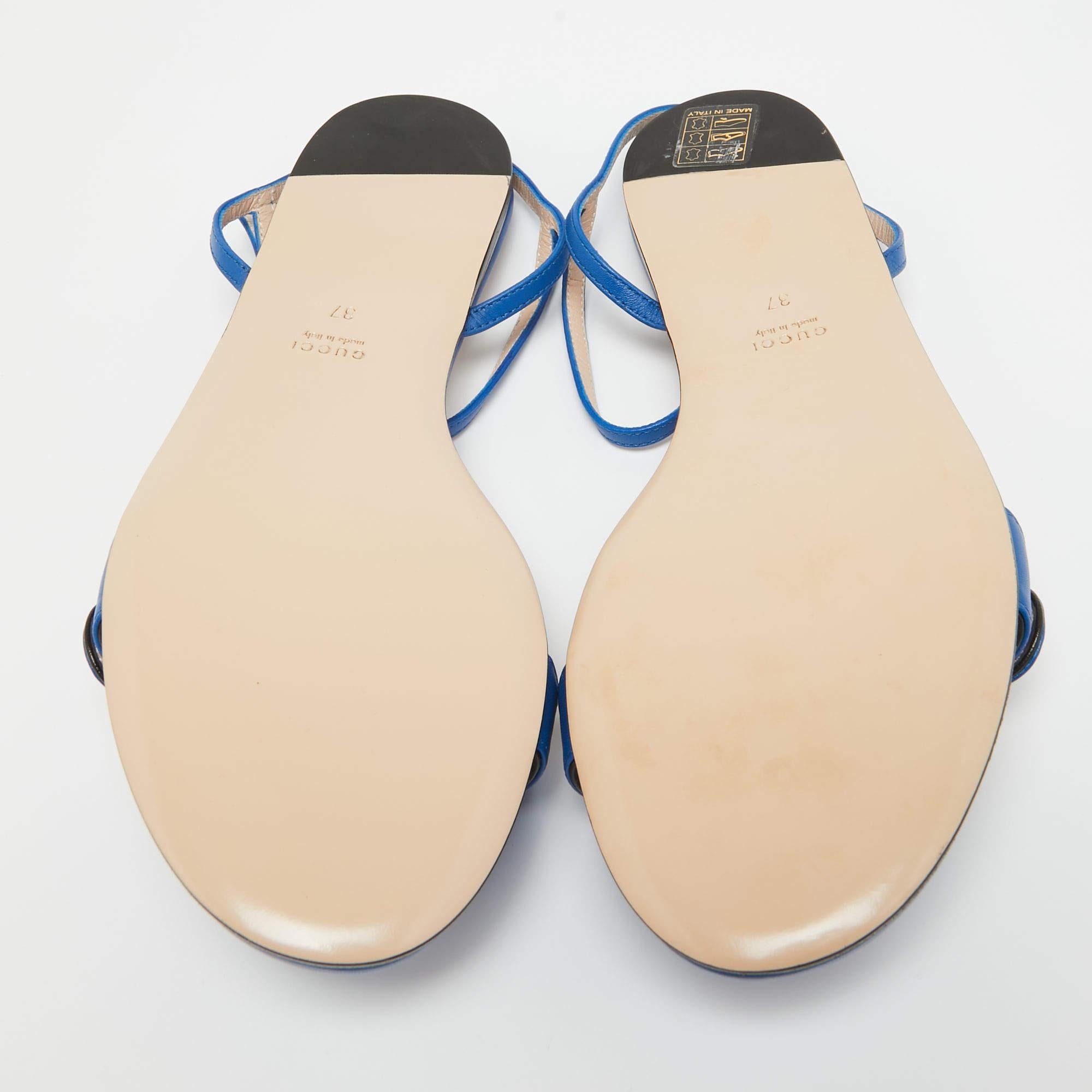 Gucci Blue Leather GG Marmont Flat Slides Size 37 1