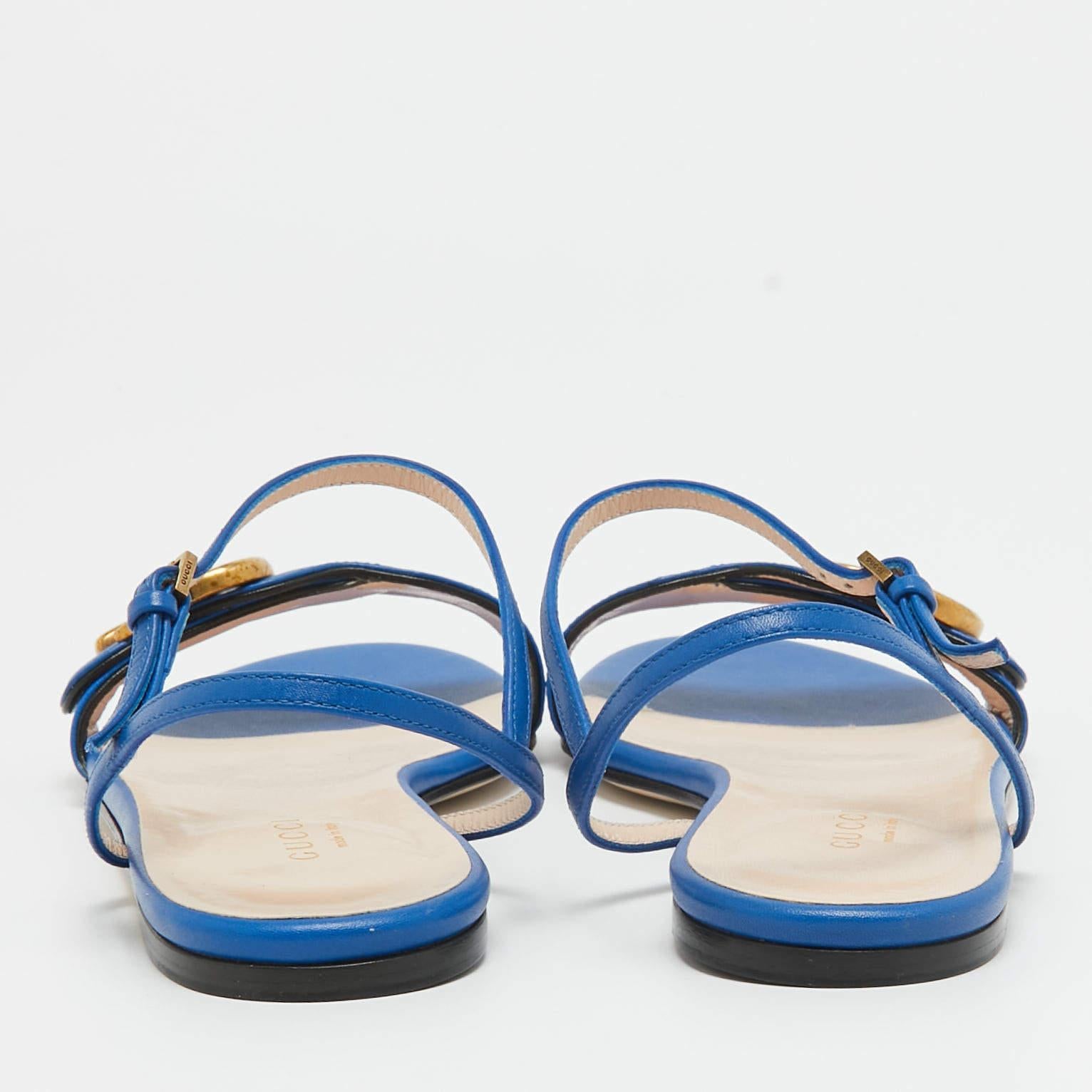 Gucci Blue Leather GG Marmont Flat Slides Size 37 For Sale 2