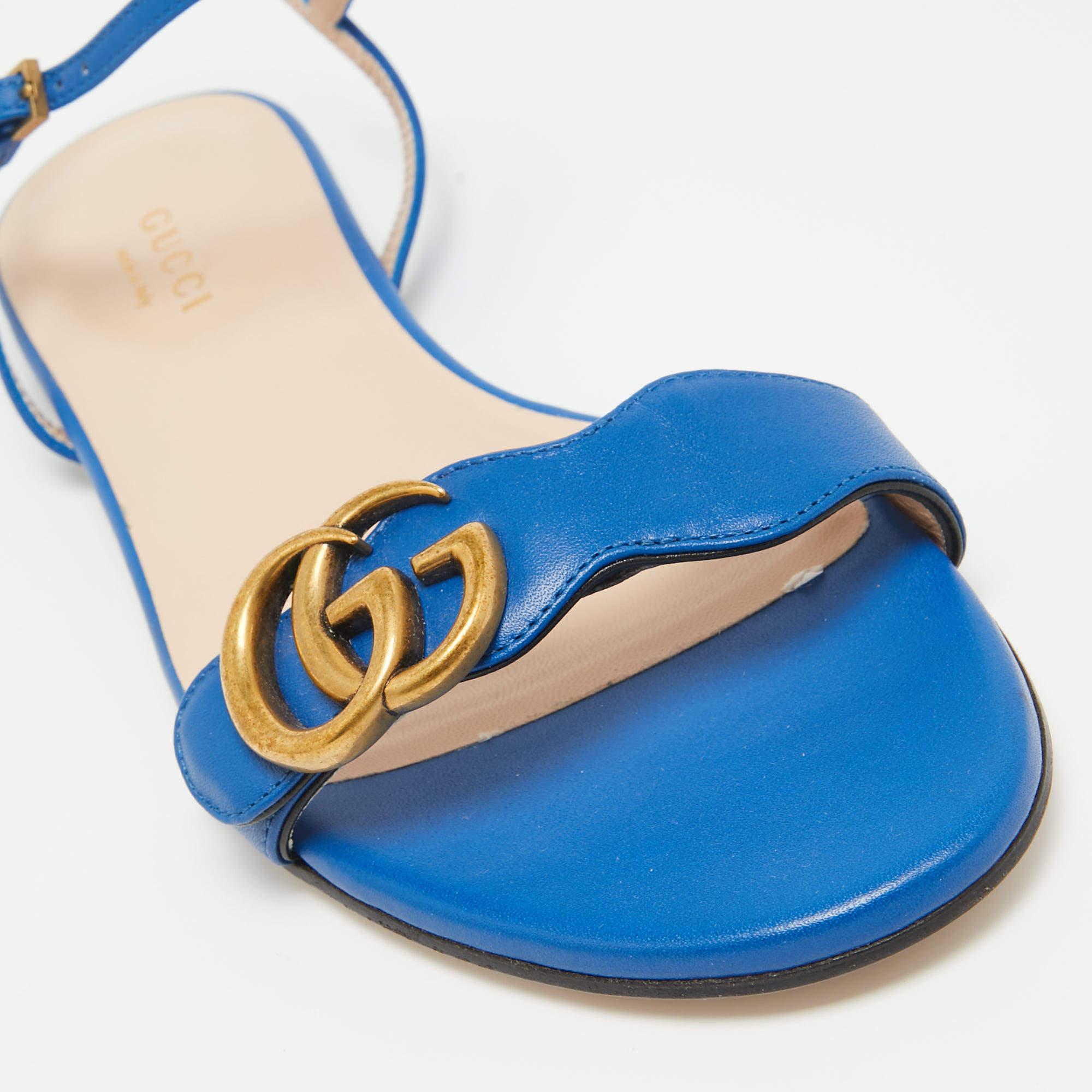 Gucci Blue Leather GG Marmont Flat Slides Size 37 For Sale 3