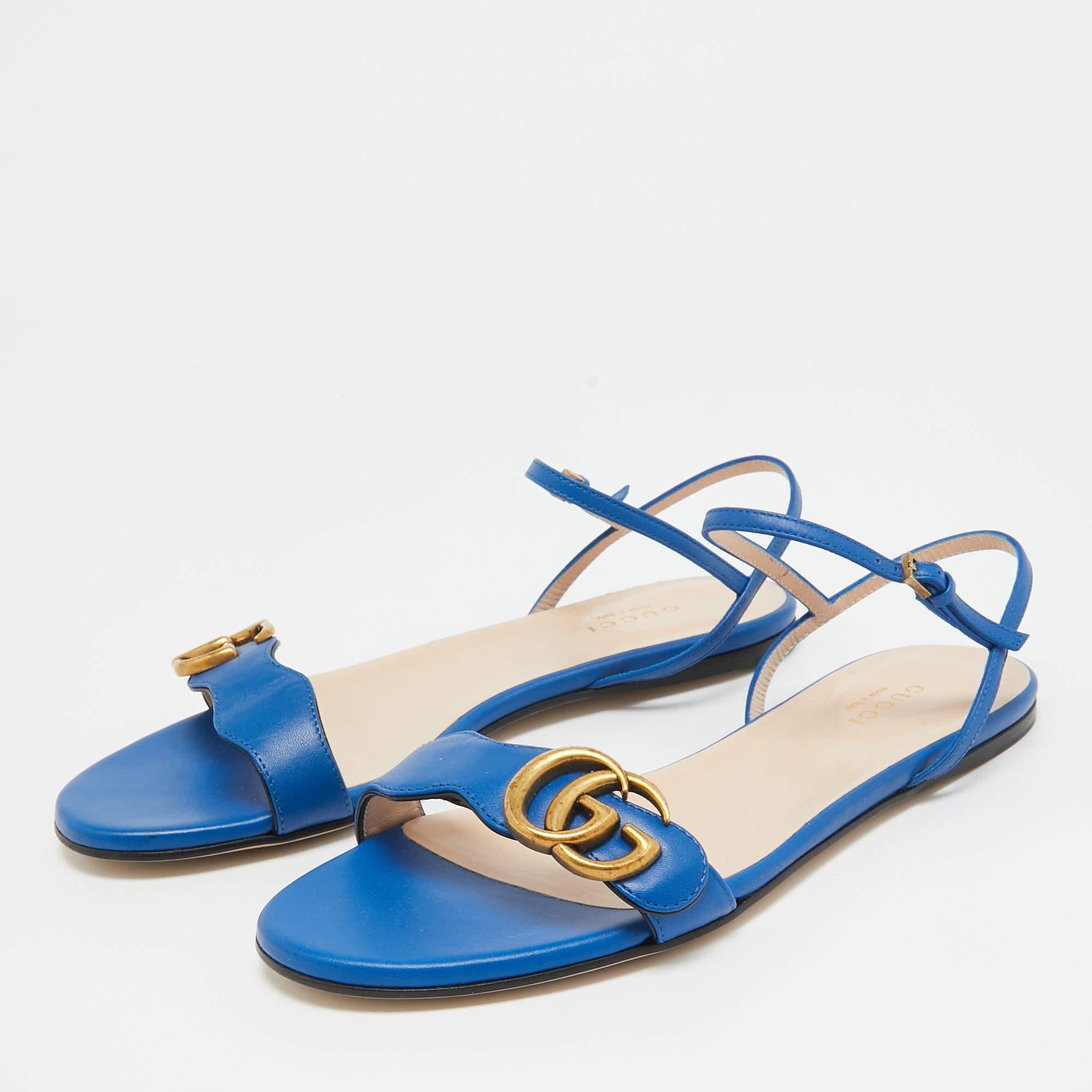 Gucci Blue Leather GG Marmont Flat Slides Size 37 4