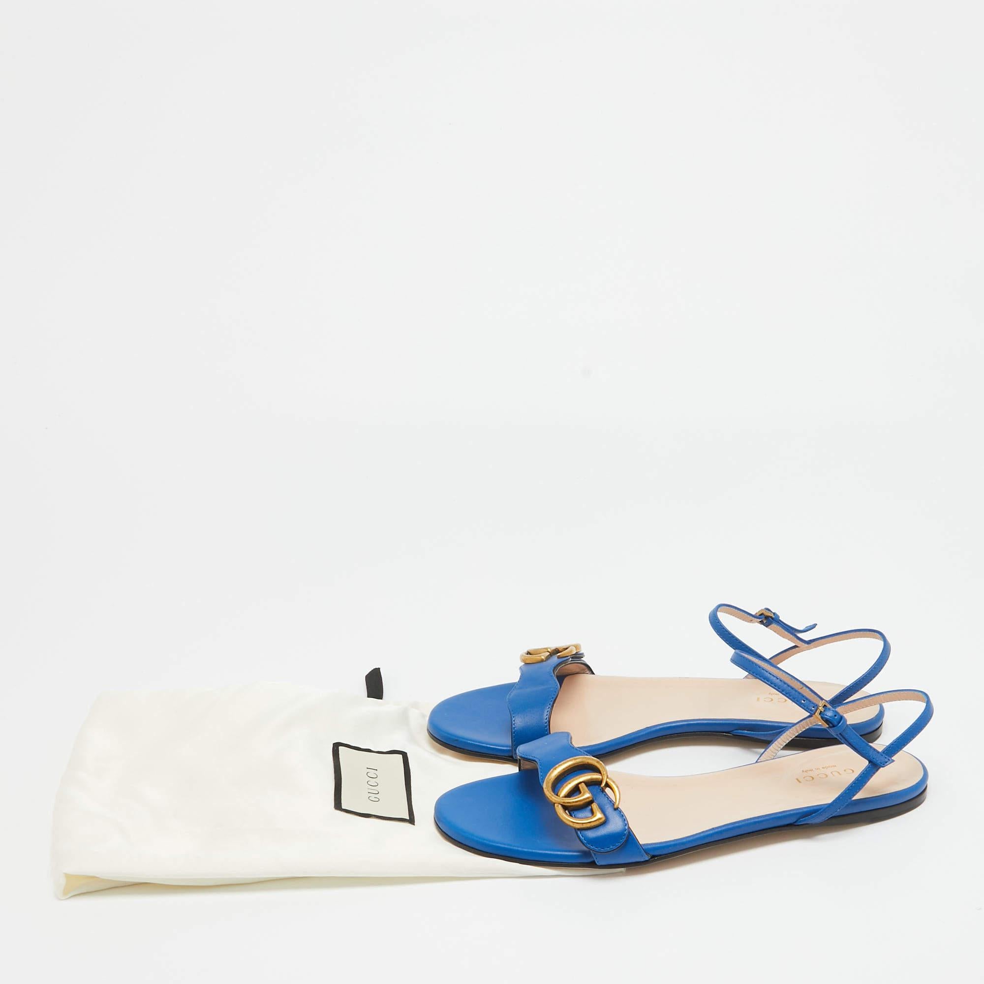 Gucci Blue Leather GG Marmont Flat Slides Size 37 For Sale 5