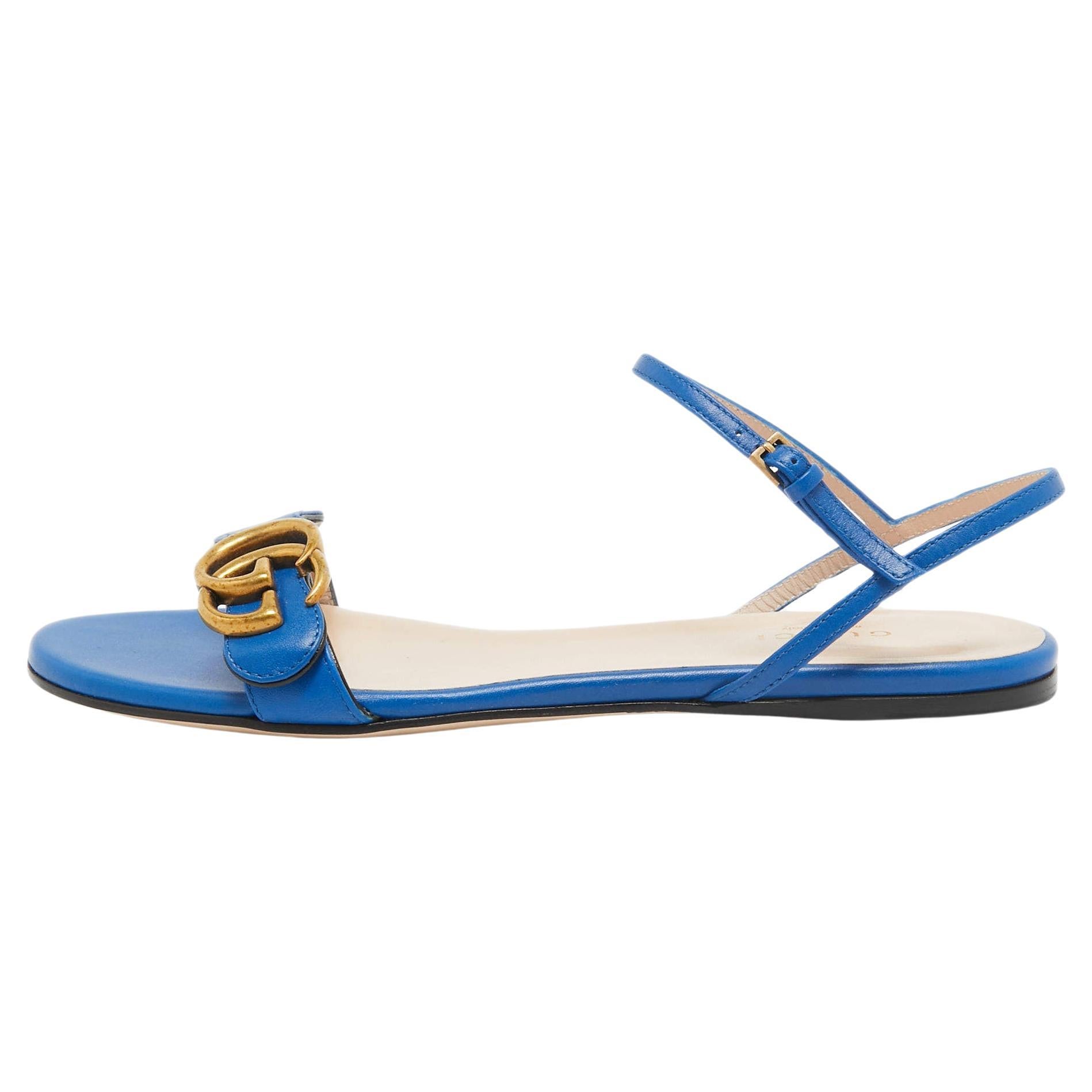 Gucci Blue Leather GG Marmont Flat Slides Size 37 For Sale