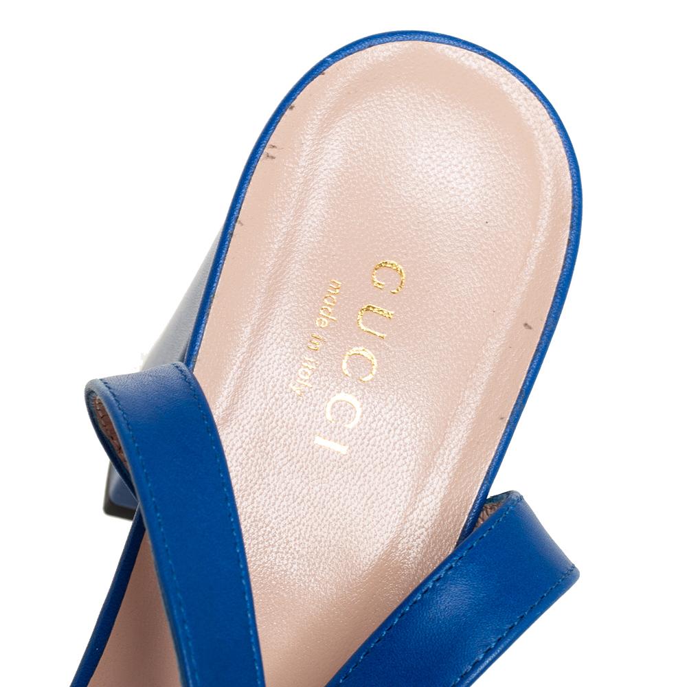 Gucci Blue Leather GG Marmont Platform Ankle Strap Sandals Size 37.5 In Good Condition In Dubai, Al Qouz 2