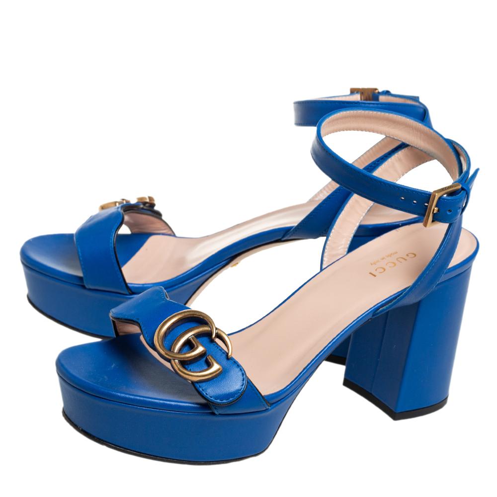 Women's Gucci Blue Leather GG Marmont Platform Ankle Strap Sandals Size 37.5