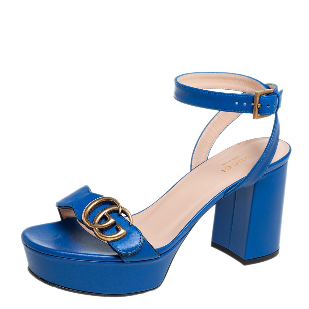 Gucci Blue Leather GG Marmont Platform Ankle Strap Sandals Size 37.5