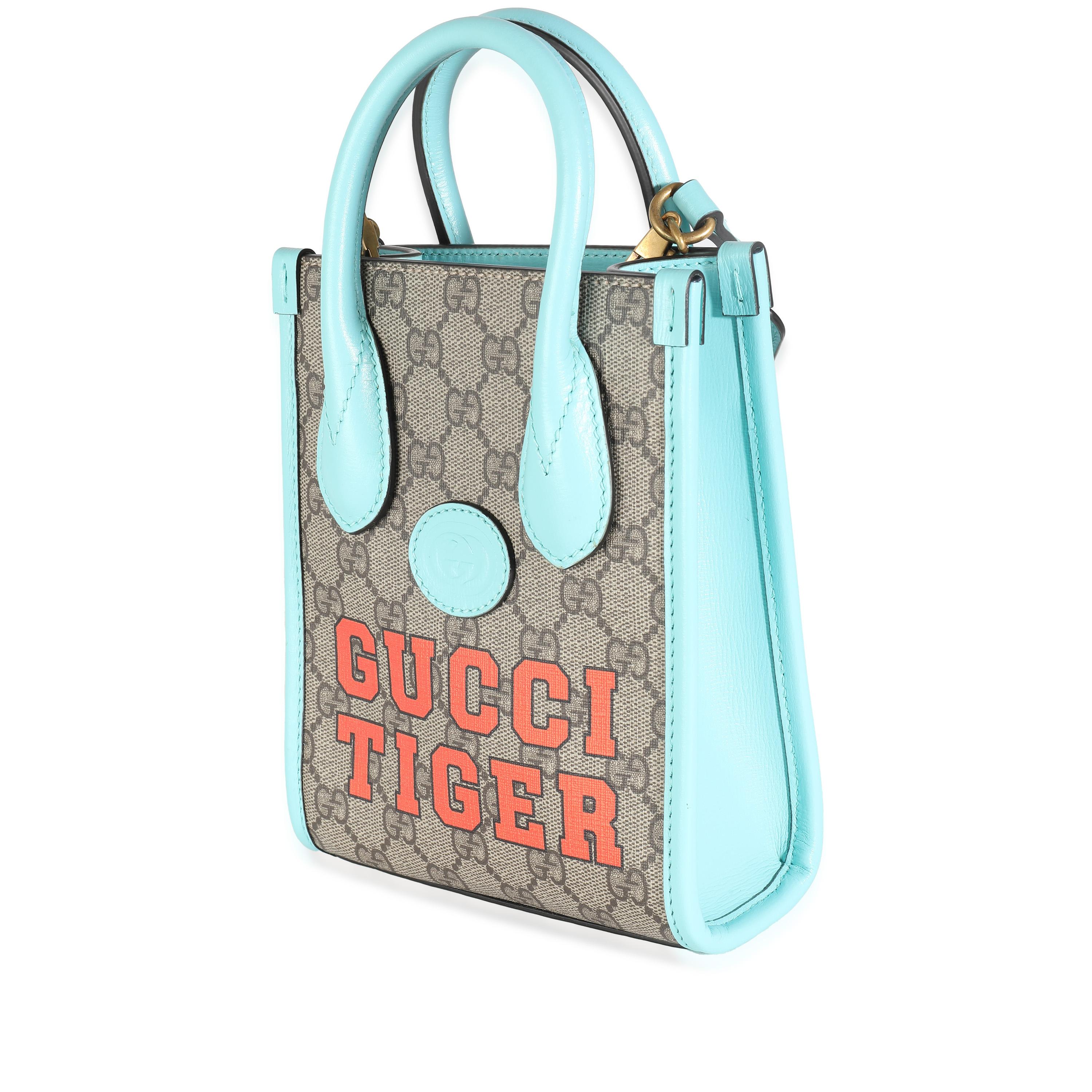 Gray Gucci Blue Leather GG Supreme Canvas Tiger Mini Tote For Sale