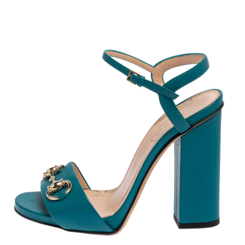 Gucci Blue Leather Horsebit Ankle Strap Open Toe Block Heel Sandal Size 35