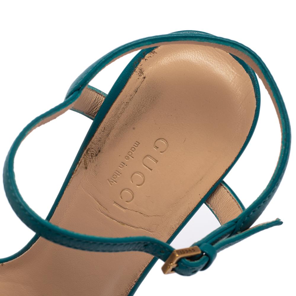 Women's Gucci Blue Leather Horsebit Ankle Strap Open Toe Block Heel Sandal Size 35