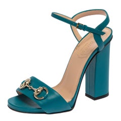 Gucci Blue Leather Horsebit Ankle Strap Open Toe Block Heel Sandal Size 35