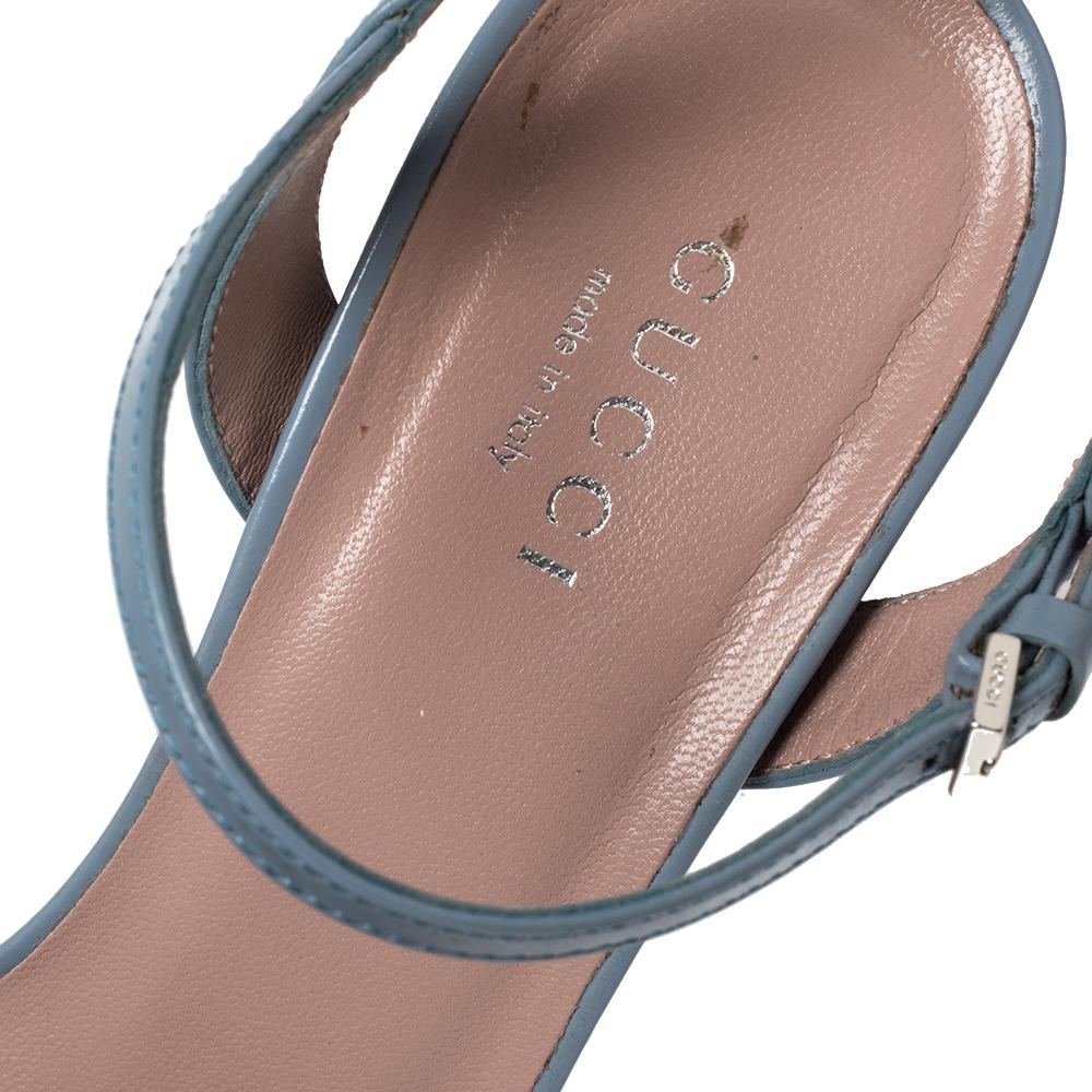 Gray Gucci Blue Leather Horsebit Ankle Strap Platform Sandals Size 35
