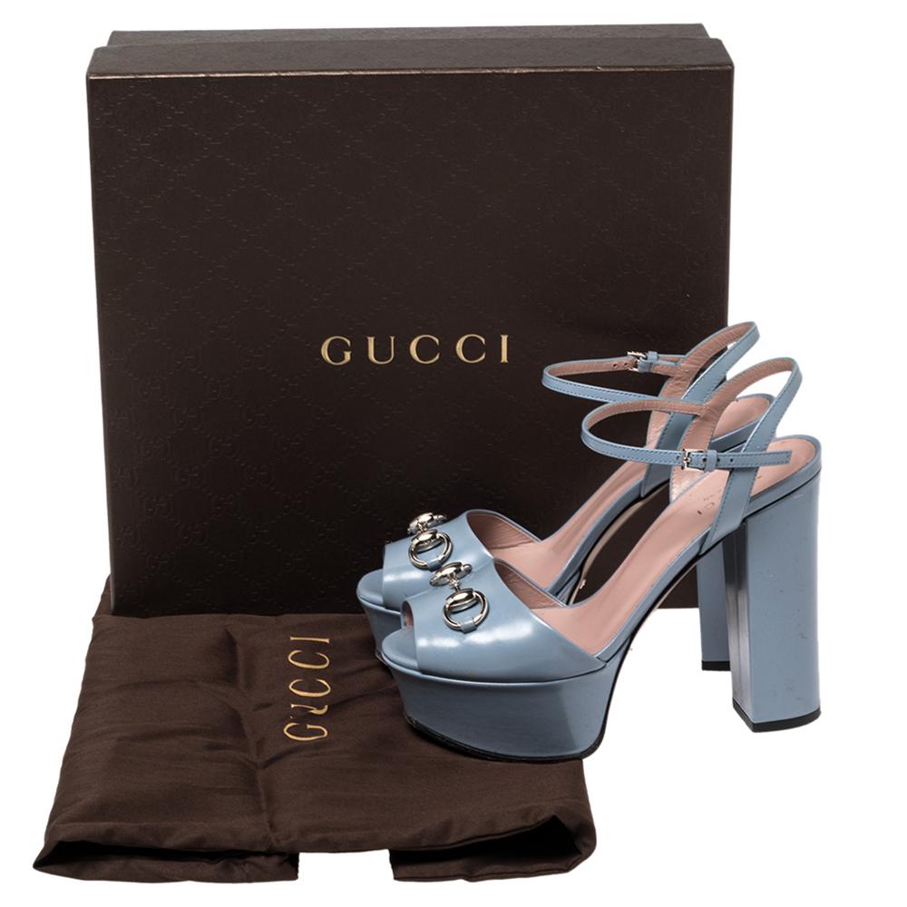 Women's Gucci Blue Leather Horsebit Ankle Strap Platform Sandals Size 35