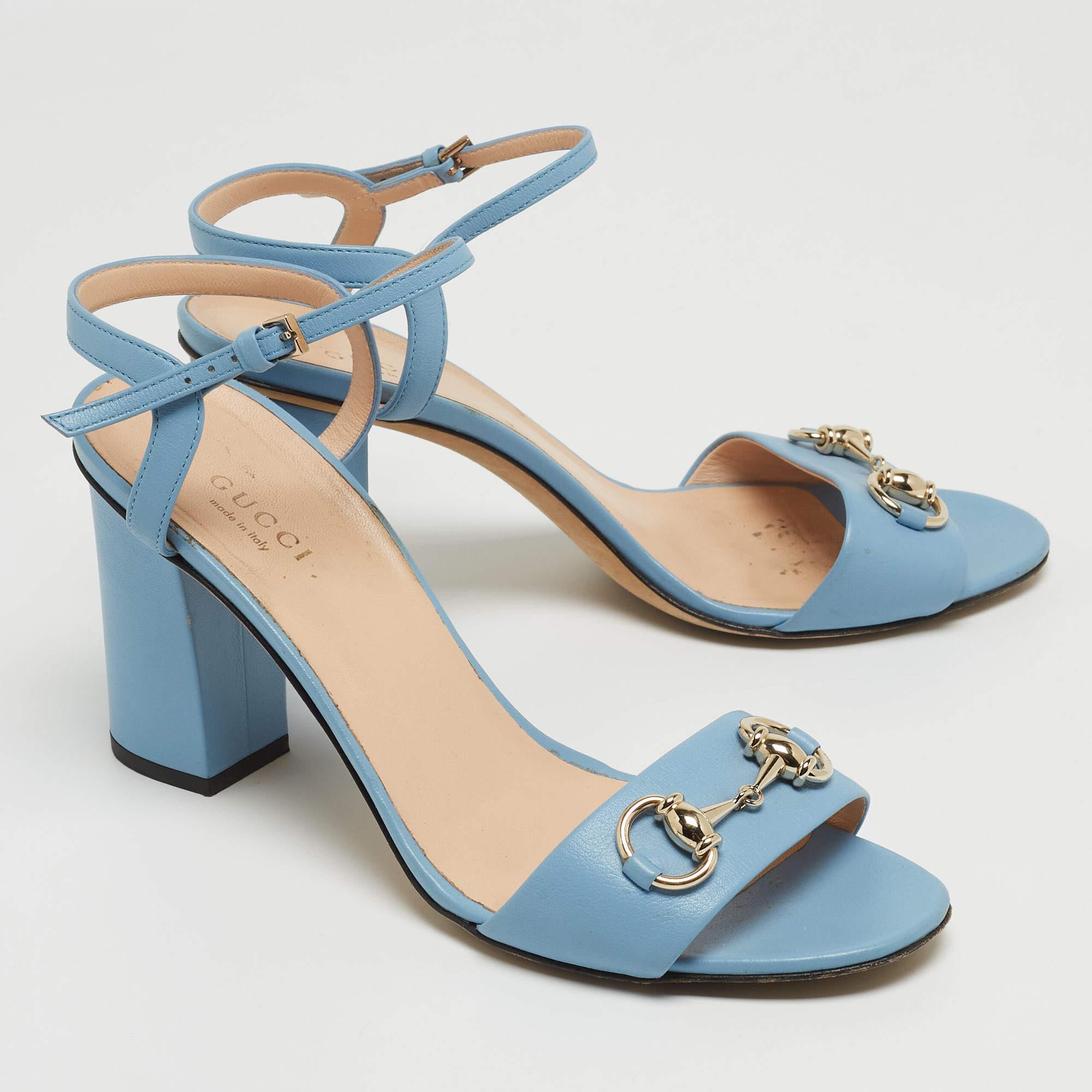 Women's Gucci Blue Leather Horsebit Ankle Strap Sandals Size 37.5