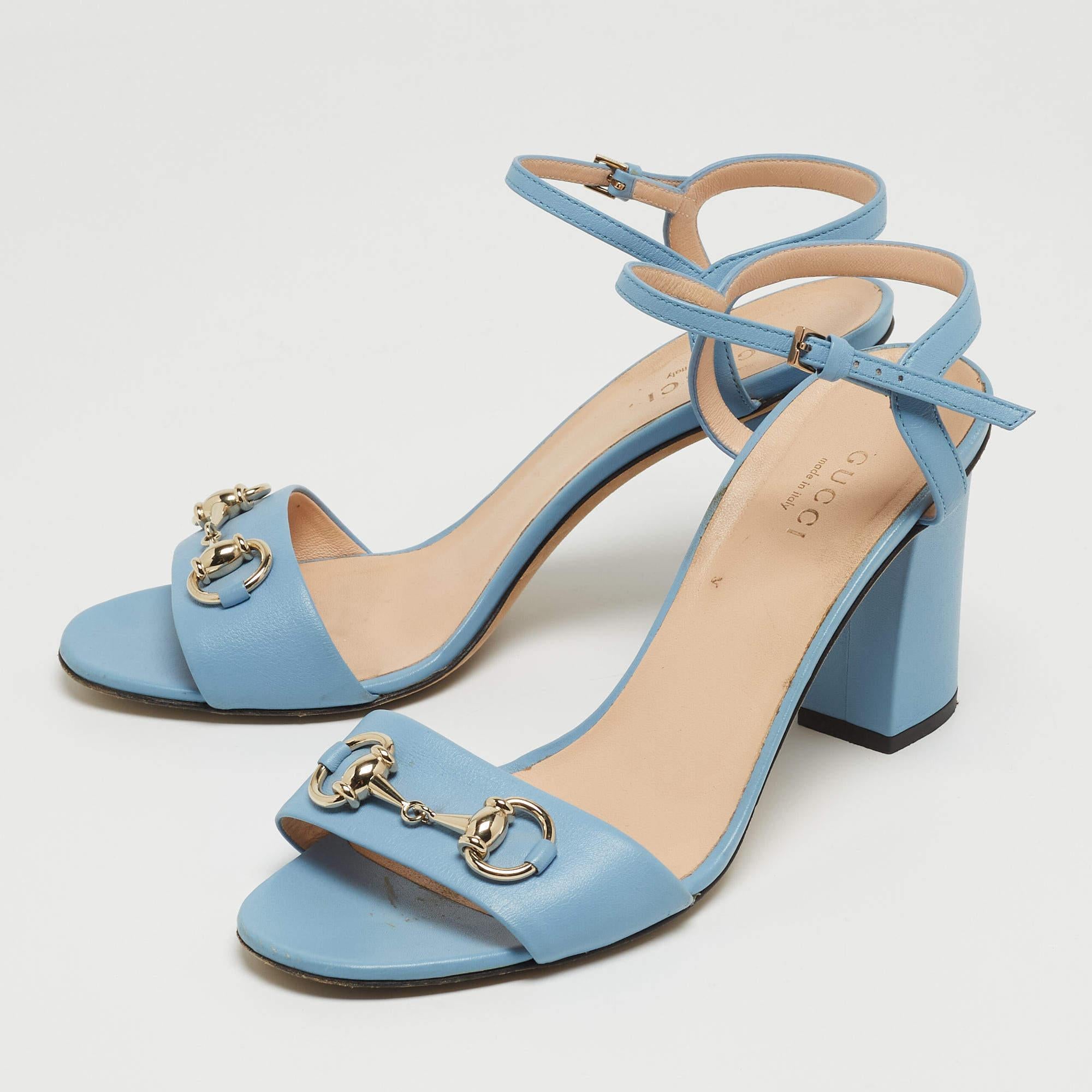 Gucci Blue Leather Horsebit Ankle Strap Sandals Size 37.5 2