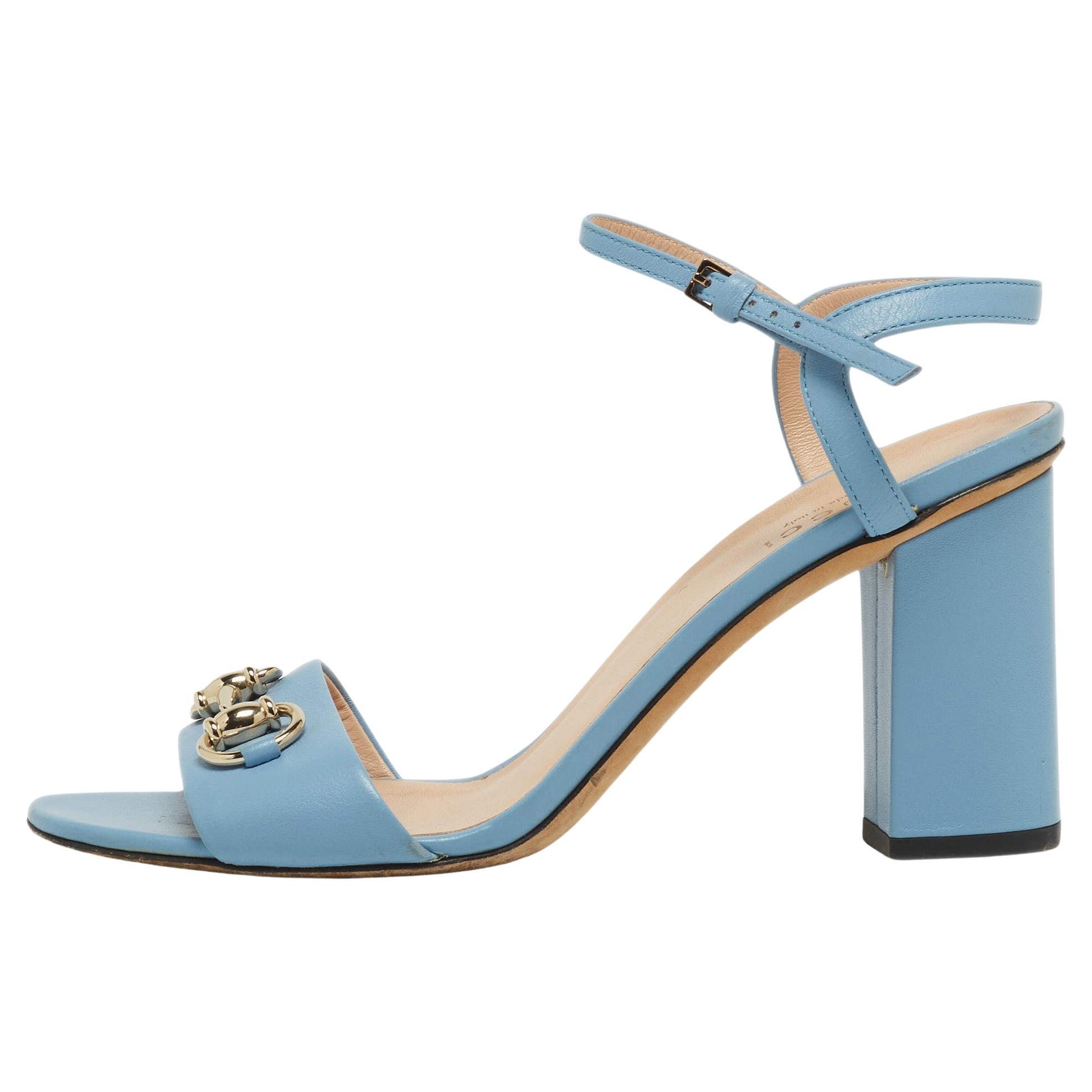 Gucci Blue Leather Horsebit Ankle Strap Sandals Size 37.5