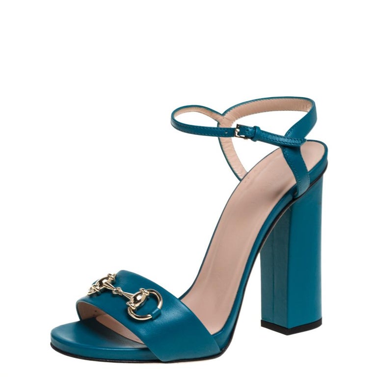 Gucci Blue Leather Horsebit Ankle Strap Sandals Size 38 at 1stDibs
