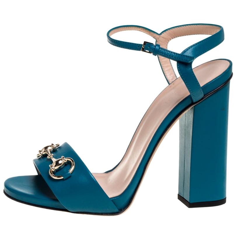 Gucci Blue Leather Horsebit Ankle Strap Sandals Size 38 at 1stDibs