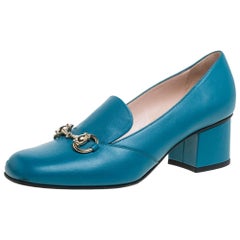 Gucci Blue Leather Horsebit Block Heel Loafer Pumps Size 37