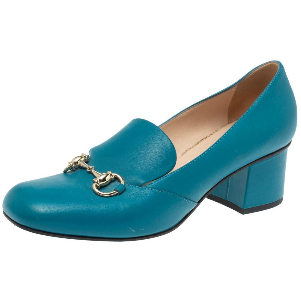 Gucci Blue Leather Horsebit Block Heel Loafer Pumps Size 38