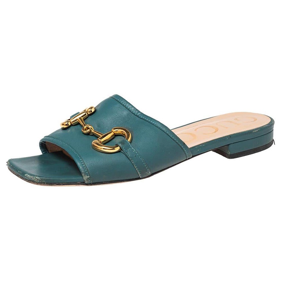 Gucci Blue Leather Horsebit Flat Sandals Size 37