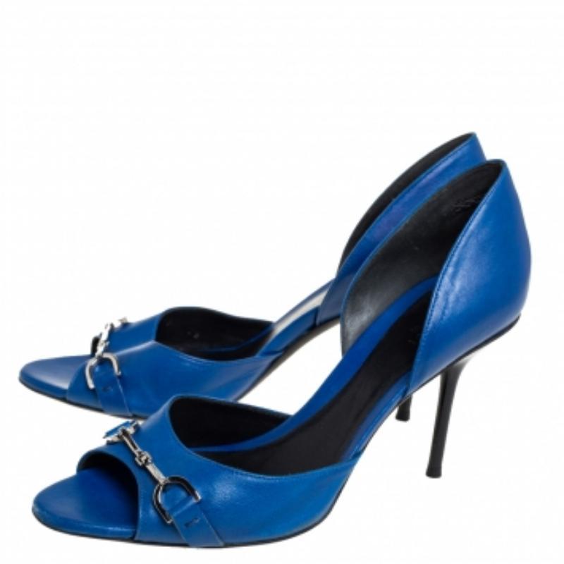 Gucci Blue Leather Horsebit Open Toe Pumps Size 38 In Good Condition For Sale In Dubai, Al Qouz 2