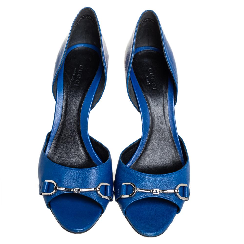 Gucci Blue Leather Horsebit Open Toe Pumps Size 38 In Good Condition For Sale In Dubai, Al Qouz 2