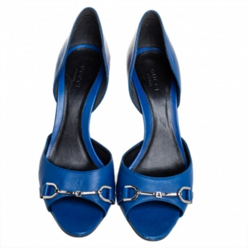Gucci Blue Leather Horsebit Open Toe Pumps Size 38 For Sale 1