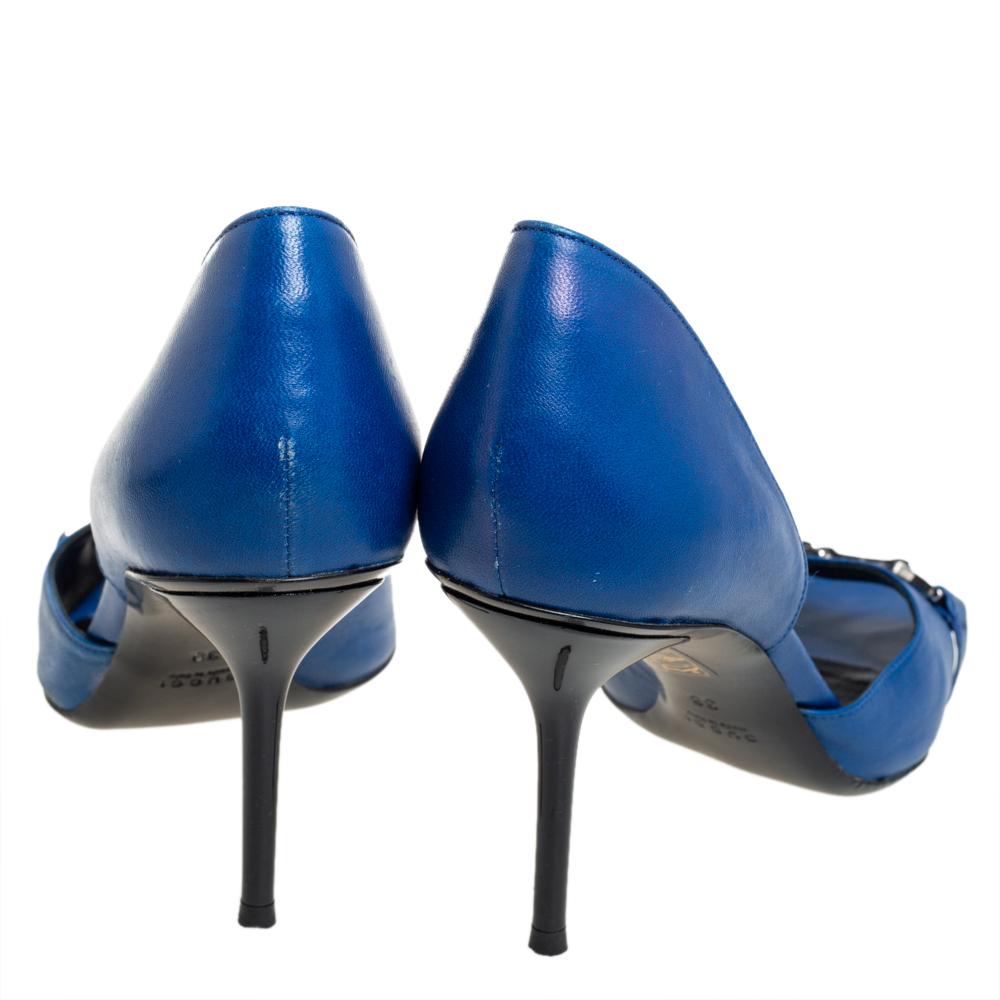 Gucci Blue Leather Horsebit Open Toe Pumps Size 38 For Sale 1