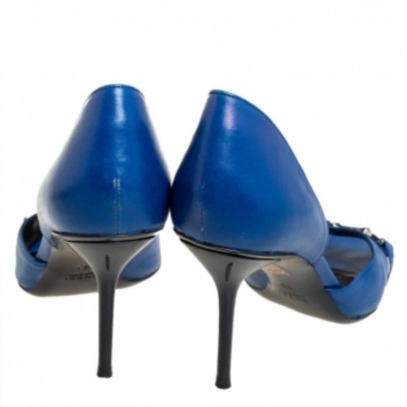 Gucci Blue Leather Horsebit Open Toe Pumps Size 38 For Sale 2