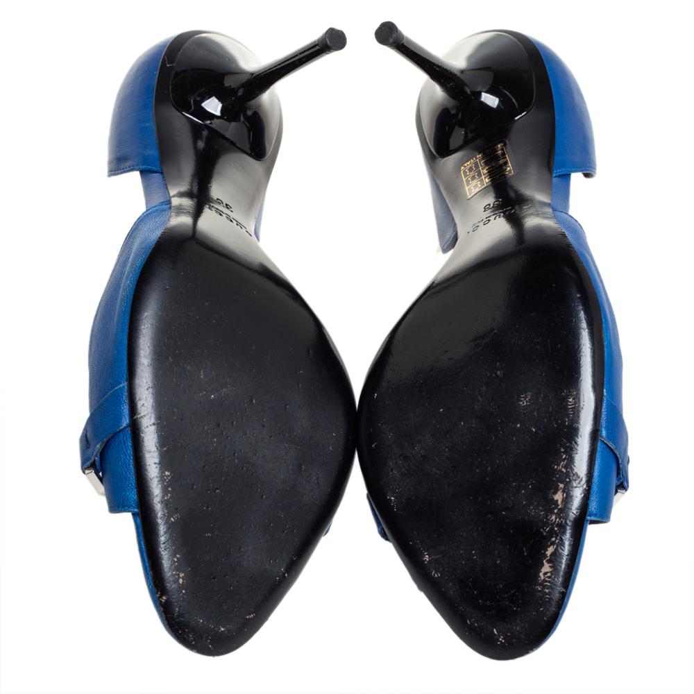 Gucci Blue Leather Horsebit Open Toe Pumps Size 38 For Sale 2