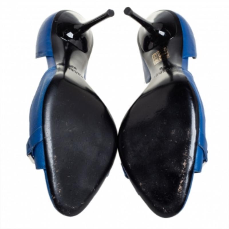 Gucci Blue Leather Horsebit Open Toe Pumps Size 38 For Sale 3