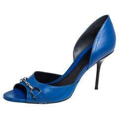 Gucci Blue Leather Horsebit Open Toe Pumps Size 38