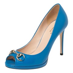Gucci Blue Leather Horsebit Peep Toe Pumps Size 35.5