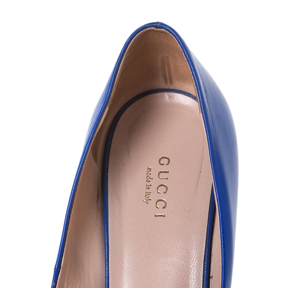 Women's Gucci Blue Leather Horsebit Peep Toe Pumps Size 39.5