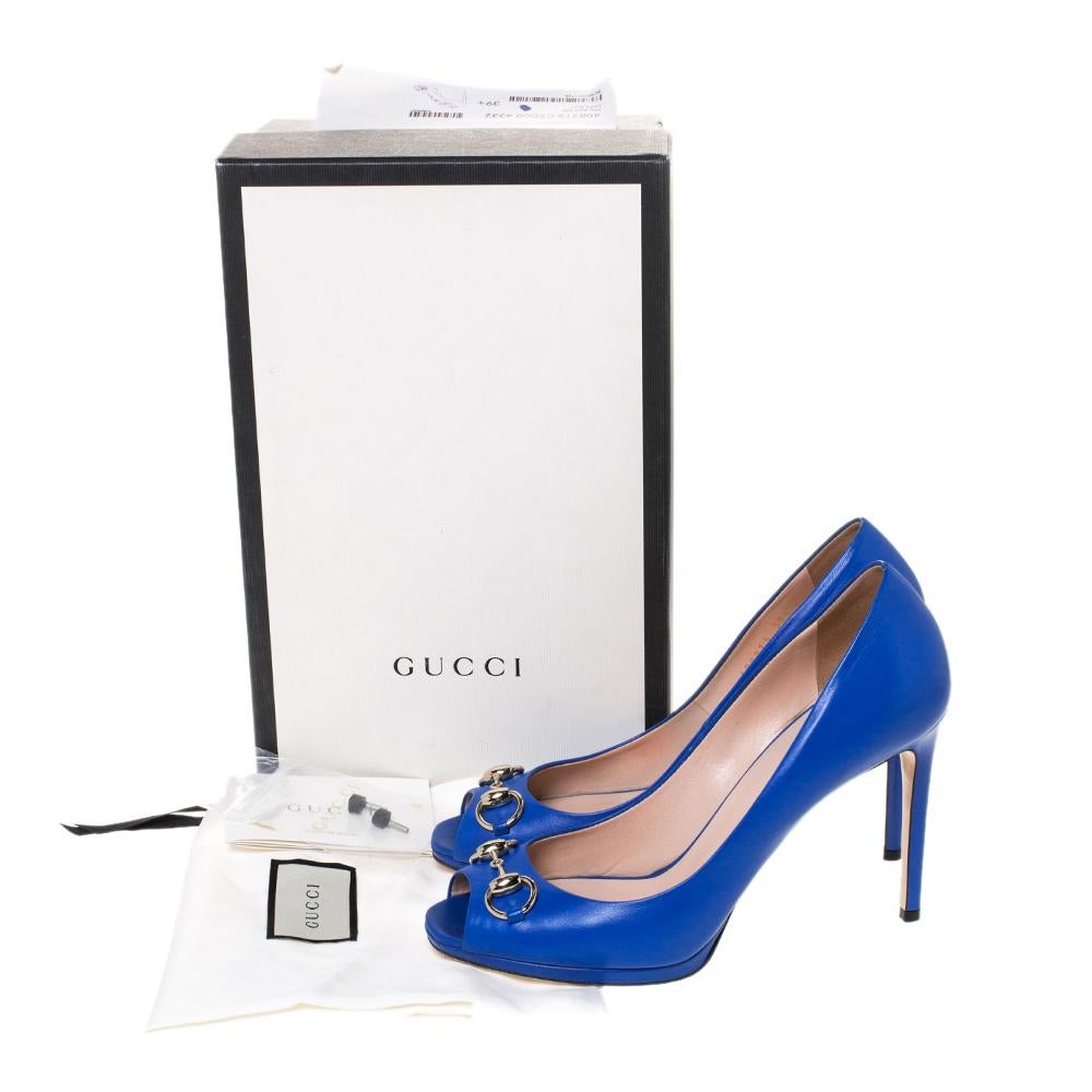 Gucci Blue Leather Horsebit Peep Toe Pumps Size 39.5 1