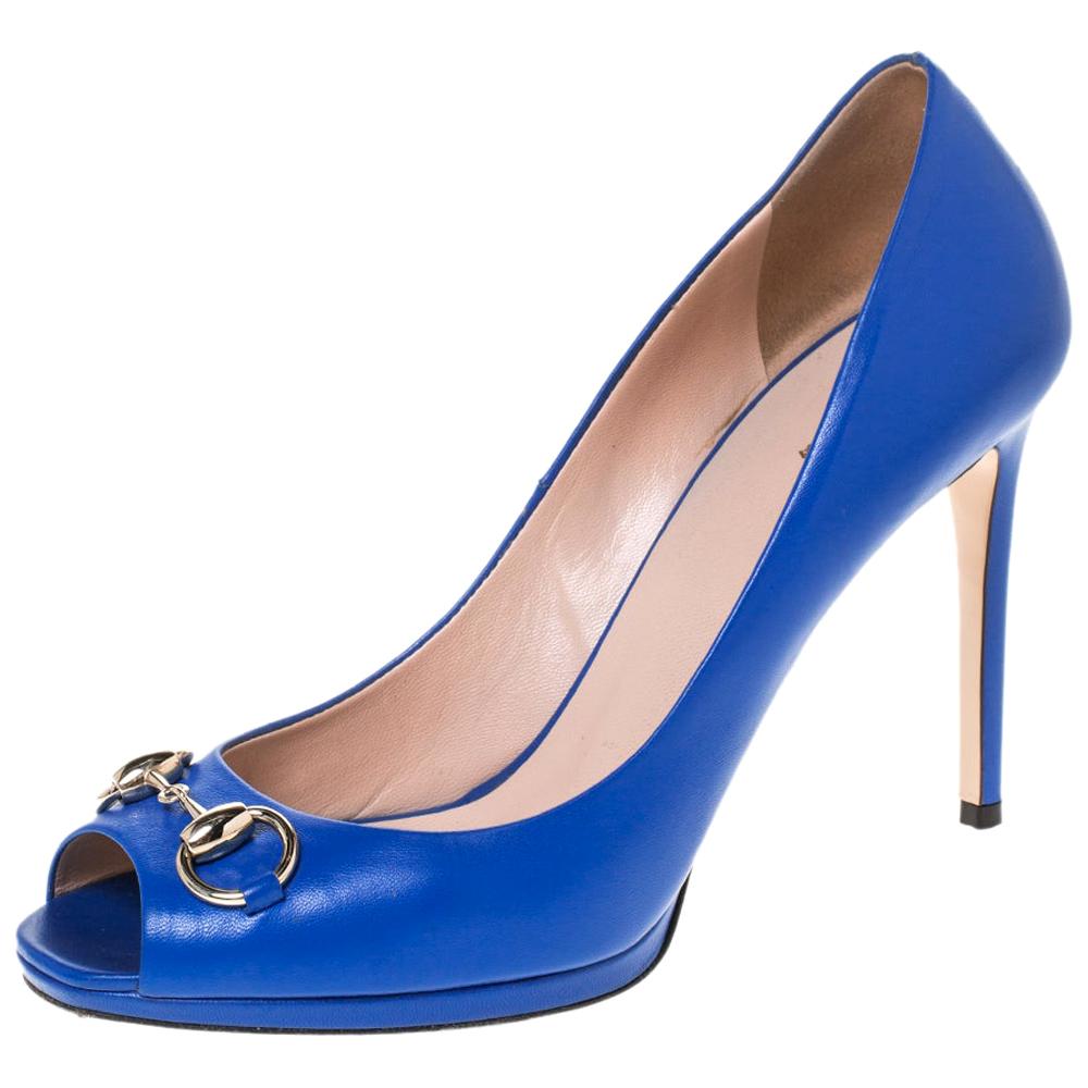Gucci Blue Leather Horsebit Peep Toe Pumps Size 39.5