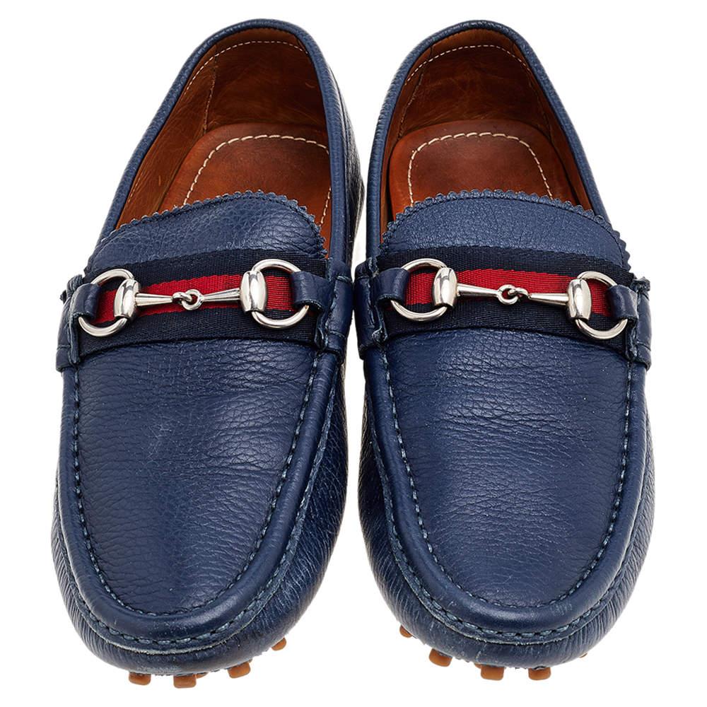 Gucci Blue Leather Horsebit Slip on Loafers Size 40 For Sale 1