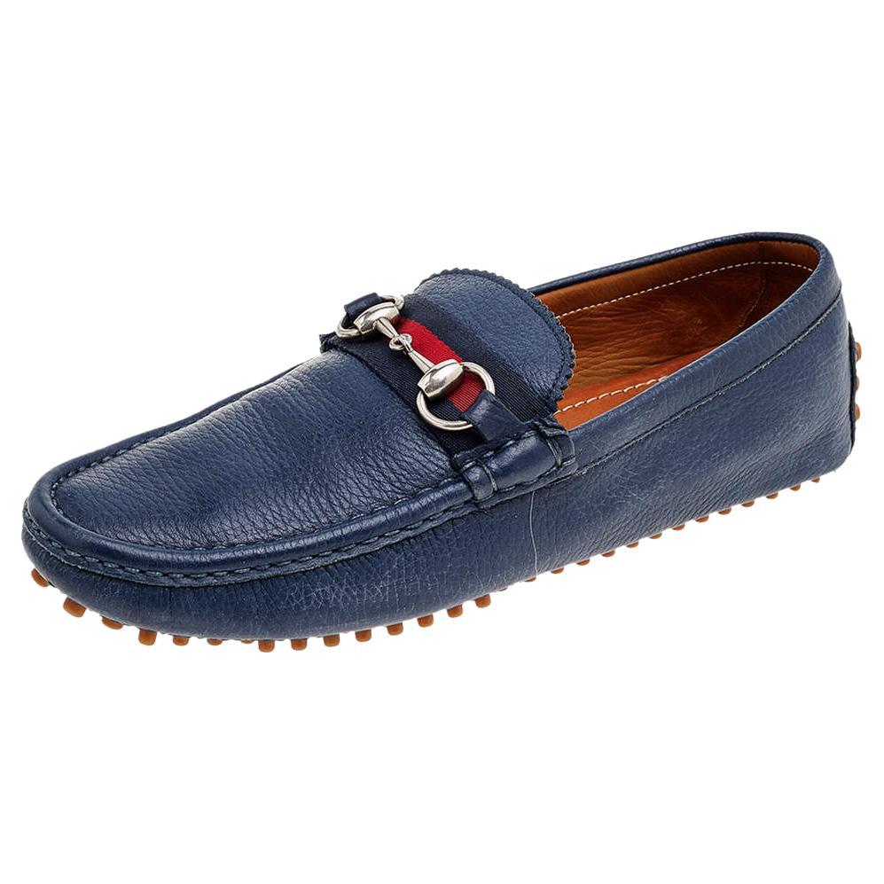 Gucci Blue Leather Horsebit Slip on Loafers Size 40 For Sale
