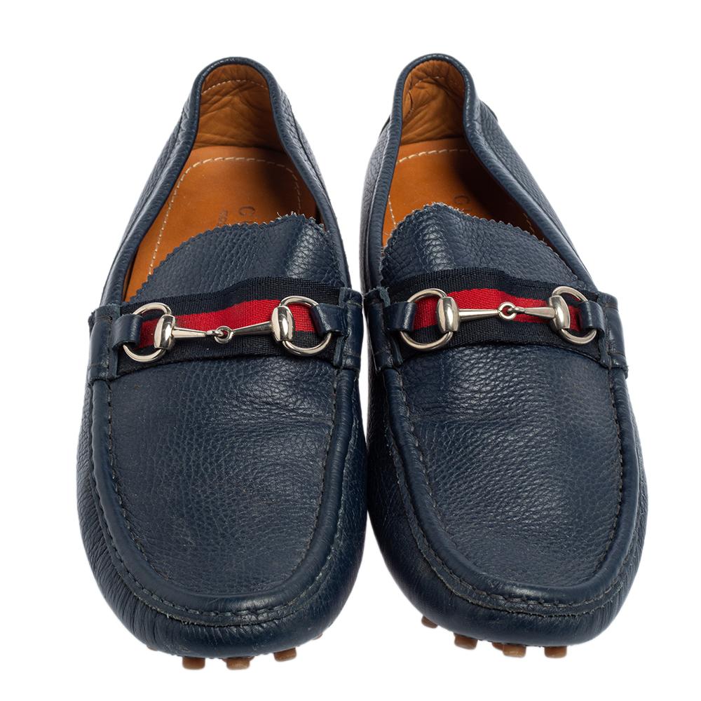 Gucci Blue Leather Horsebit Web Detail Driver Loafers Size 45.5 at