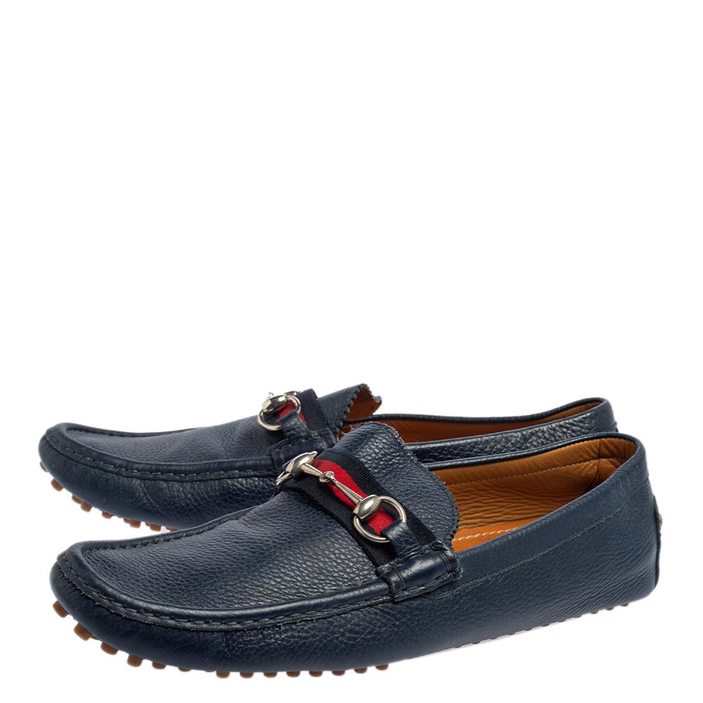 Gucci Blue Leather Horsebit Web Detail Driver Loafers Size 45.5 at