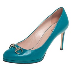 Gucci Blue Leather Jolene Horsebit Pumps Size 36.5