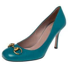 Gucci Blue Leather Jolene Horsebit Pumps Size 38