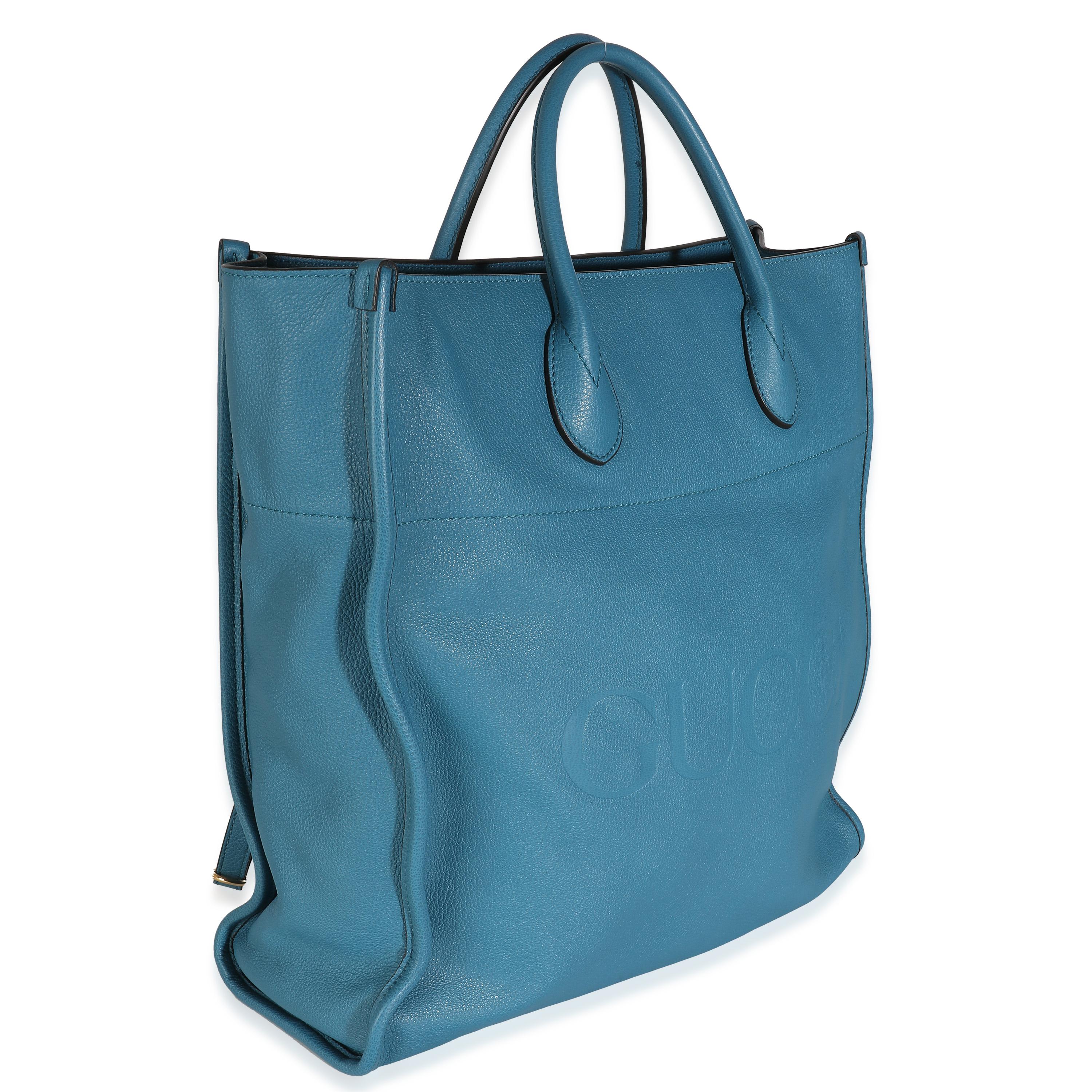Gucci Blue Leather Logo Embossed Shopper Tote In Excellent Condition In New York, NY